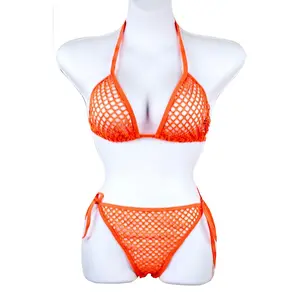 Orange Fishnet Bikini Set - Sheer Swimwear for Festivals and Resorts