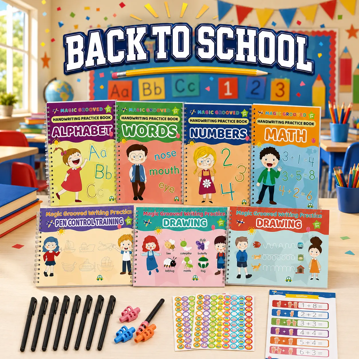 Magic Grooved Handwriting Book Set for Kids Ages 3-8, Reusable 3D Groove Interactive Book Maths Toys with Disappearing Ink, 6 Copybooks (Numbers, Letters, Math, Drawing Practice, Counting Games) + Pens & Refills