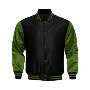 Deckra Original Handmade Longsleeve Varsity Satin Jacket - Black/Green, Polyester Menswear Top with Pocket, Stylish Casual Chic Coat