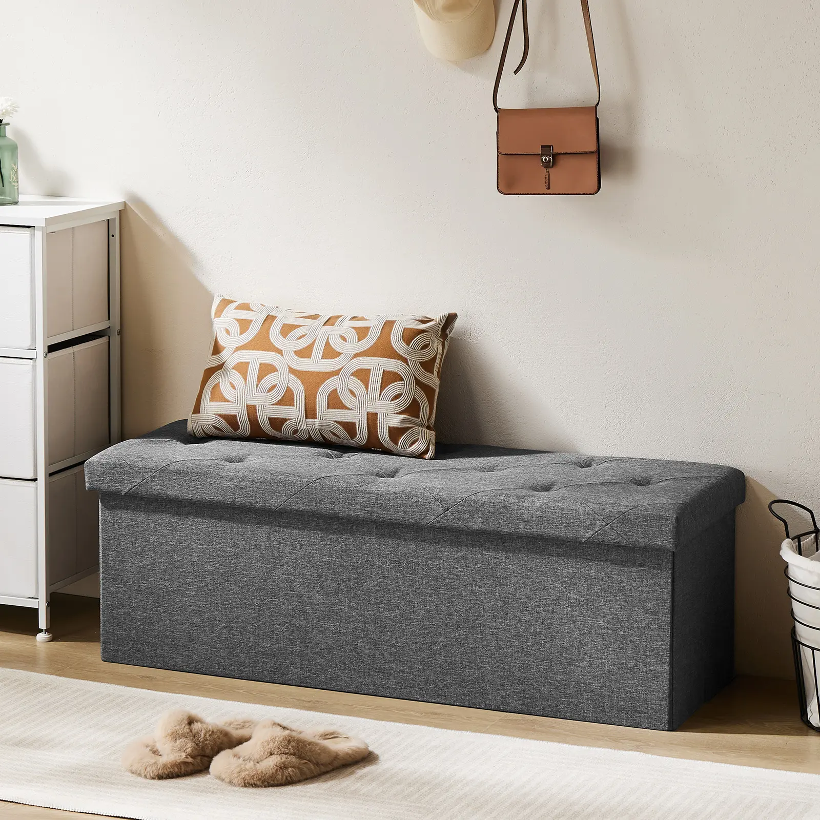 DUMOS Folding Ottoman with Storage Bench, Foot Rest Stool Ottoman Upholstered End of Bed Storage Bench, Storage Ottoman Loads 660 Lbs for Bedroom, Living Room, Synthetic Leather