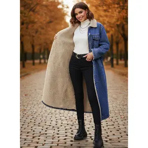 BIGWIG Women's Autumn/Winter Denim Jacket, Thickened and Warm Long Denim Jacket, Street Style Outerwear, Elegant Bohemian Style, Loose-fitting Long Fleece-lined Cotton Denim Jacket, suitable for work, travel, and everyday wear