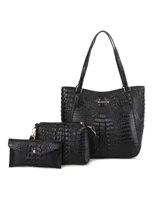 3pcs Women's black Crocodile Embossed Tote Bag Set, Large Capacity Shoulder Bag + Crossbody Pouch + Envelope Wallet, Adjustable Strap Purse for Work, Travel & Daily Casual Use