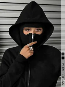 Women's Black Fitted Full-Face Cover Hoodie with Zip-Up Mask Geometric Design, Cyberpunk Style Streetwear with Hidden Identity Feature for Urban Exploration