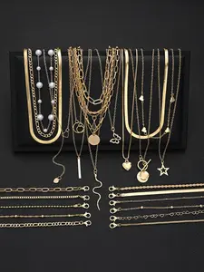 13 pcs Necklace + 11 pcs Bracelet Trendy Jewelry Set, Star Heart Butterfly Snake Design, Faux Pearl Rhinestone, Daily Date Vacation Party Gift