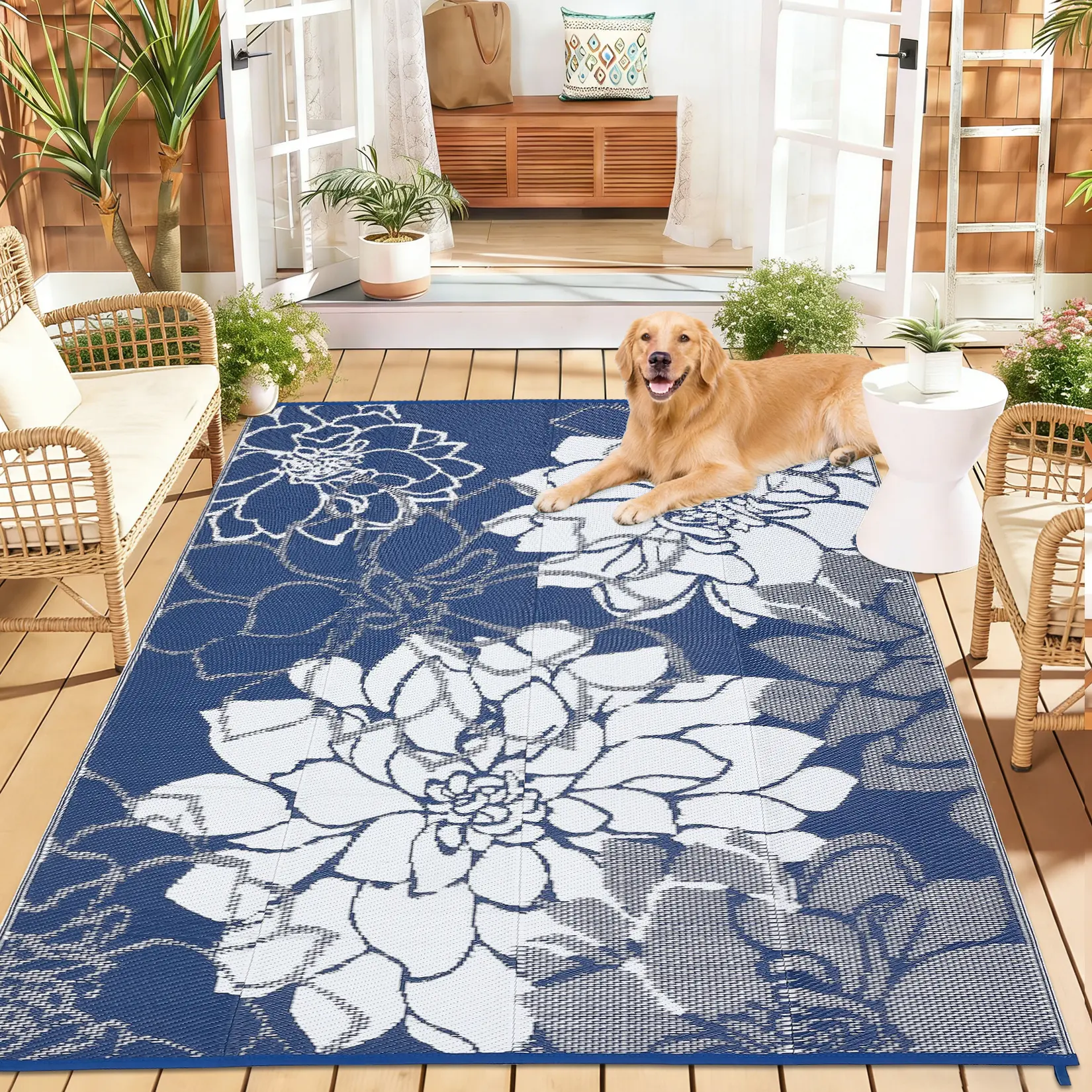 Waterproof Reversible Outdoor Patio Rug – Plastic Straw, UV & Weather Resistant, Quick-Drying – Lightweight, Portable with Carry Bag & Stakes – Great for Camping, Porch, Deck, Balcony, Garden, Backyard