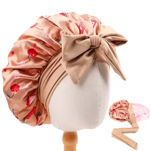 Double Sided Satin Sleep Bonnet, Retro Printed Bow Tie Long Band Soft Hair Wrap Cap for Daily Bath & Rest