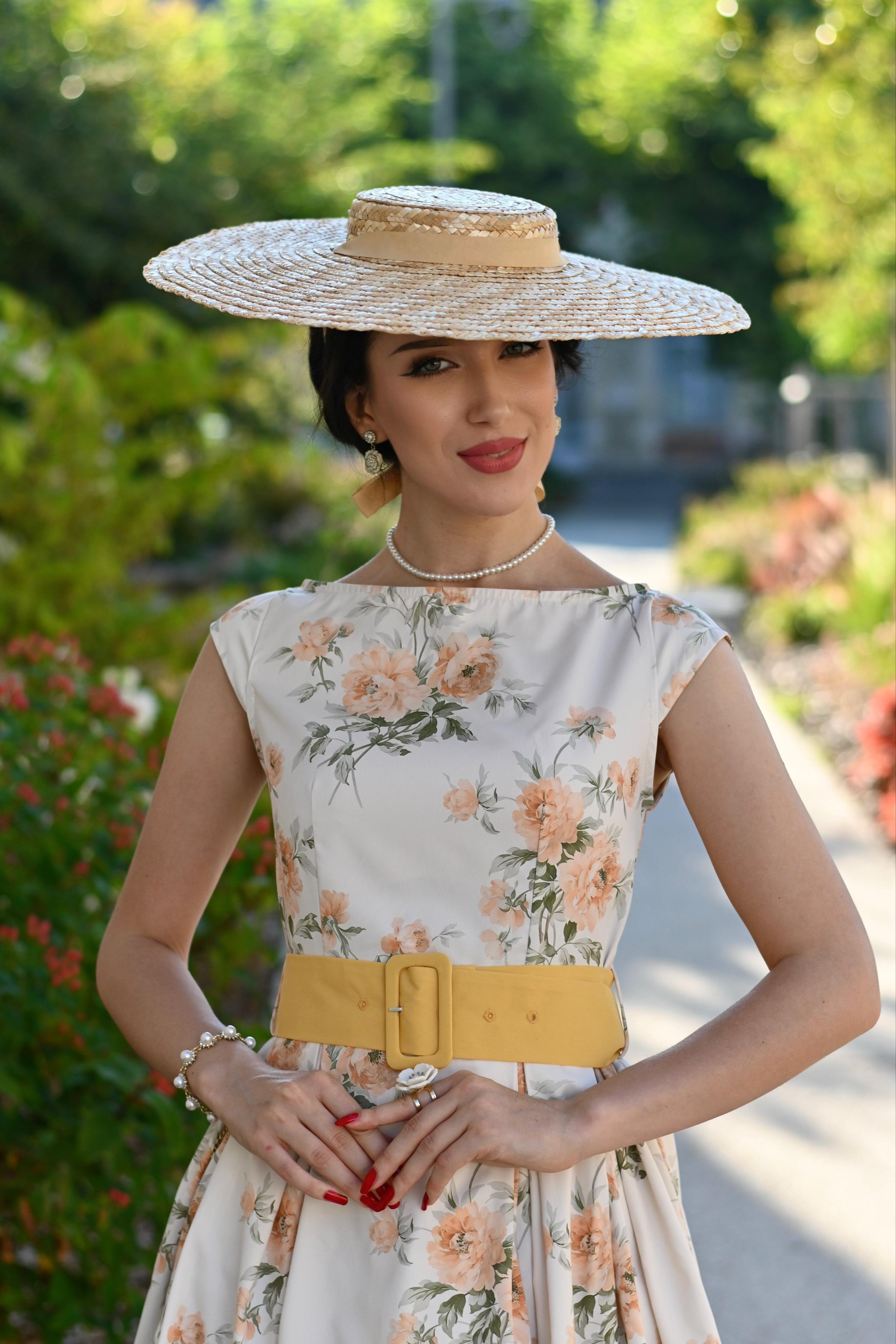 Yellow 1950s Boat Neck Antique Floral Dress Spring Vacation Womenswear Fitted Casual Sleeveless