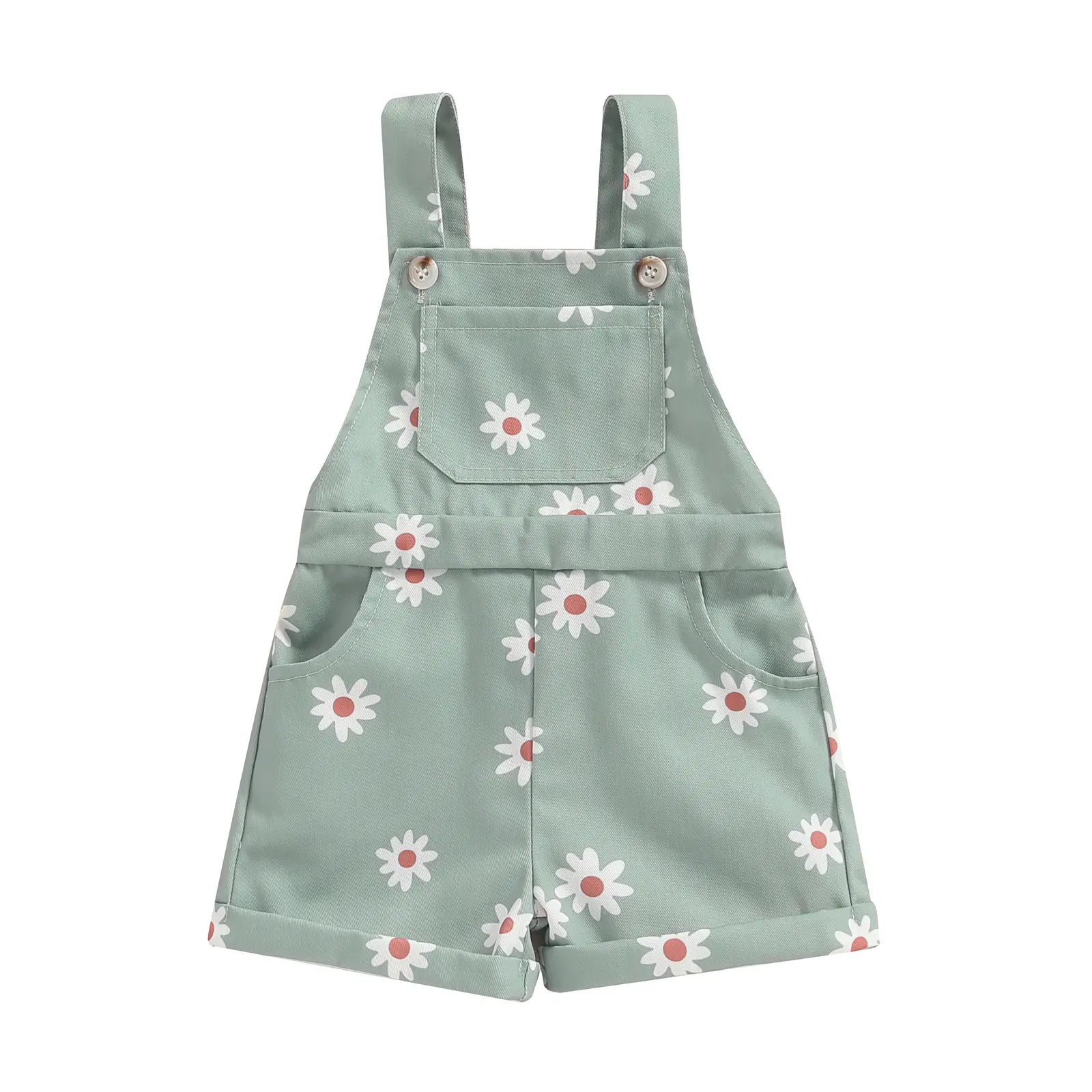 Toddler Baby Girls Summer Overall Shorts Flower Print Sleeveless Rolled Hem Suspender Jumpsuit Kids Cute Shortall Playsuit with Pockets 6M-4T