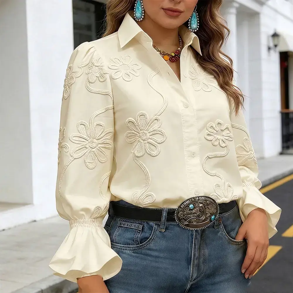 Elegant textured flower bell shaped sleeve button up shirt, elegant outdoor top, sweet and comfortable women's topRAIMENTRY Elegant textured flower bell shaped sleeve button up shirt, elegant outdoor top, sweet and comfortable women's topRAIMENTRY