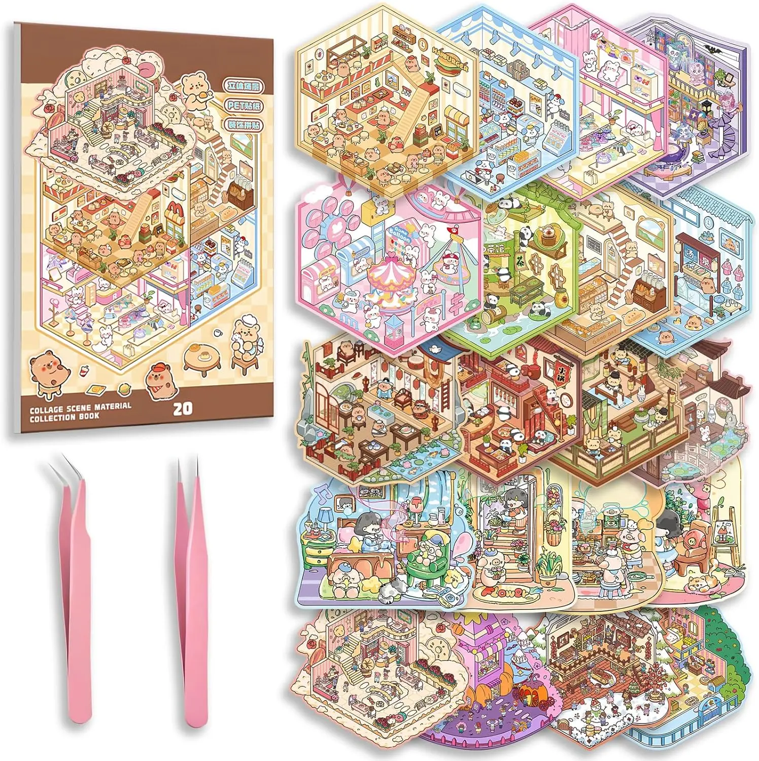 20 Sets DIY 3D Sticker Scene Collection Book for Kids Adults Cute Make Your Own Shop House Stickers for Gifts Stickers Therapy for Adult Relief Stress Pass The Time Play Park Hamburg Castle Library