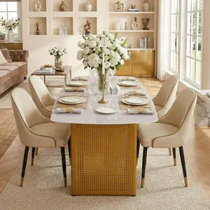 SAVEYOUR Modern Rectangular Tempered Glass Dining Table with Marble-Patterned Design Gold Dual-Pedestal Metal Base Ideal for Dining Room & Home Office 6-8 People