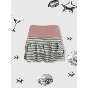 Women Pink Grey Striped Ruffle Mini Skirt 2026 Y2K Sweet Cool Casual Tiered Skirt