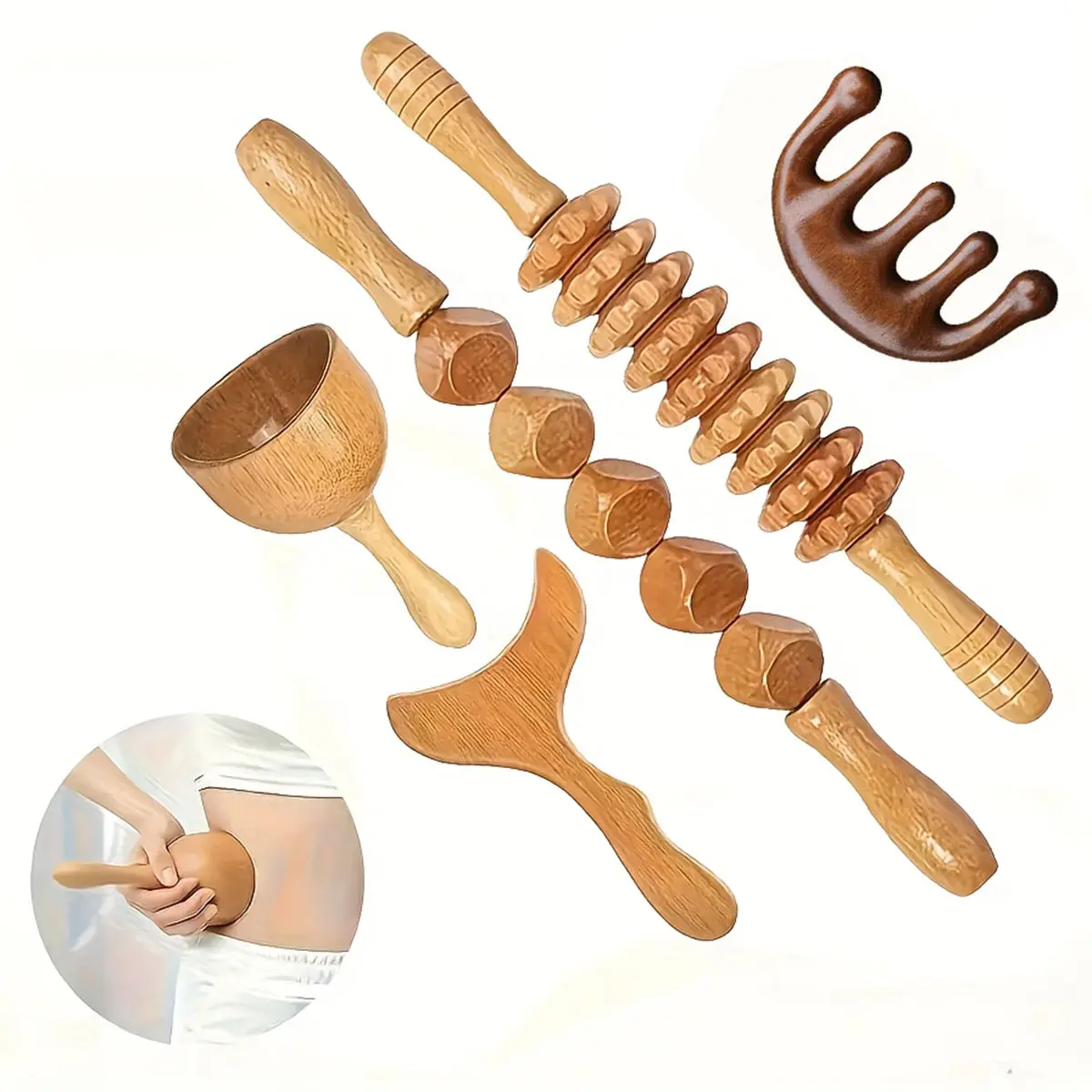 5pcs Wooden Manual Massage Tool Set, Full Body Massage Kit, Relief Roller, Muscle Roller Stick, Relaxing Muscle Relief, Relaxation Aid, Perfect Gift for Men and Women, Natural Wood Material