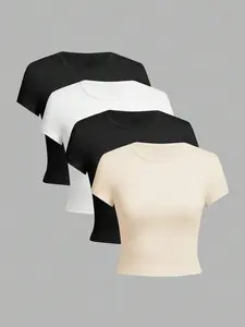 Women's Solid Round Neck Crop Tee, Casual Short Sleeve Crew Neck Basic T-shirt for Summer, Ladies Clothes for Daily Wear, Womenswear