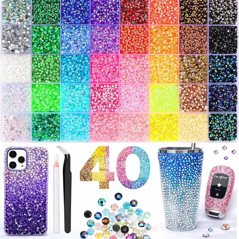 Bedazzled Manicure Nail Art Kit - 4mm Shining Flatback Rhinestones, 24000pcs 40-Color Jelly Gems, Secure Hold, Craft Supplies, Gift for Nail Techs