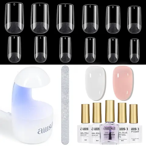AILLSA Gel Nail Kit Short Square Acrylic Nail Tips 240pcs with 2In1 Nail Glue Base Coat Nail Dehyrator UV Light Jelly Gel Polish Top Coat Nail Tools for Beginner DIY at Home Nail Care Manicure Comfort Cutics gelx Nail TikTokShopBackToSchool sohochic