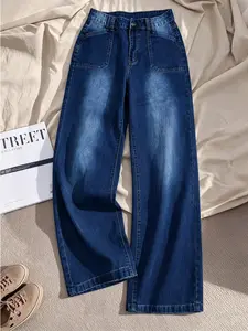 Women's Casual Loose Fit Baggy Wide Leg Jeans, Elastic Denim Long Pants, Slant Pocket & Button Design, Comfortable Fashion, All Seasons Essential, Streetwear