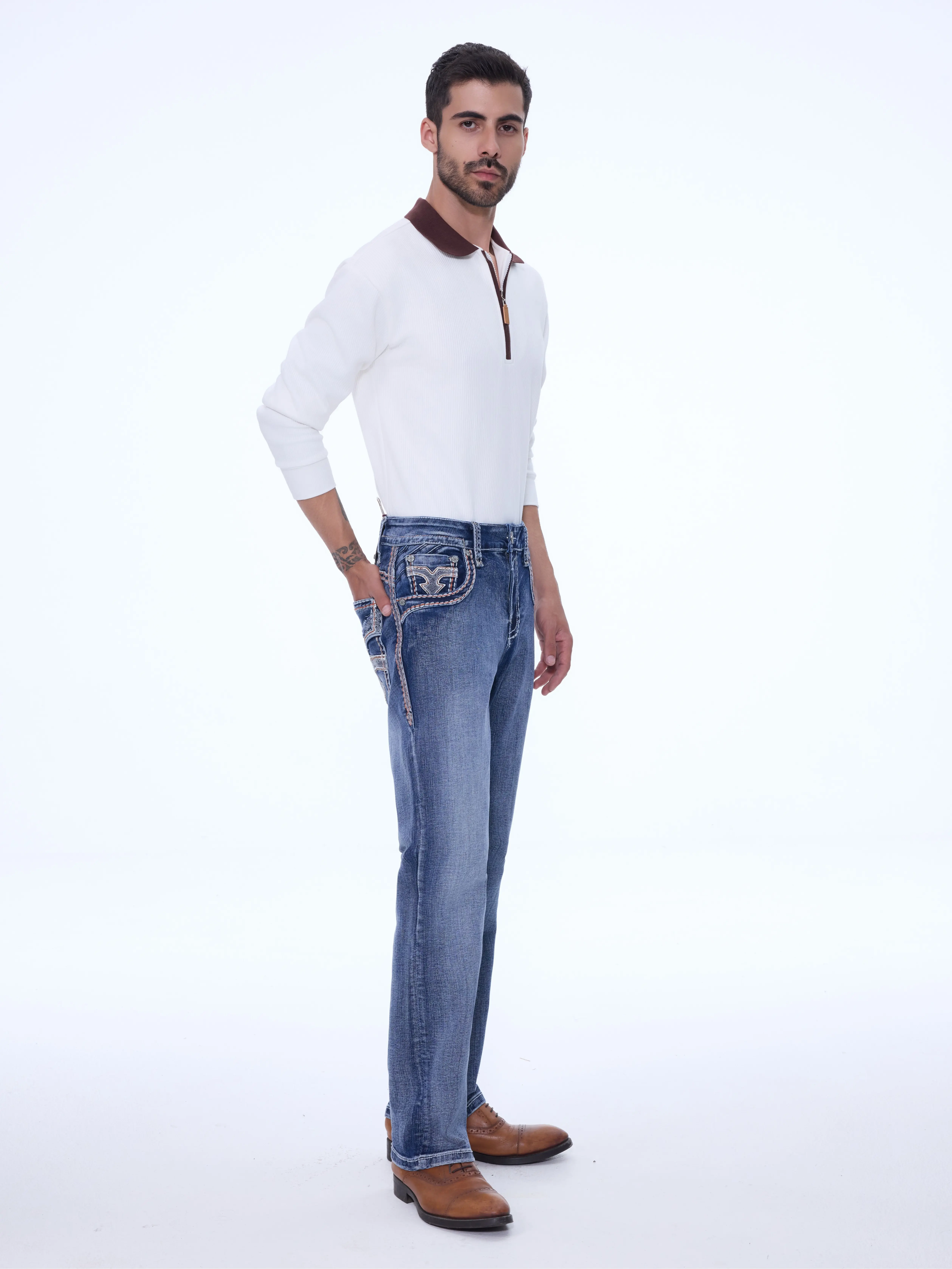 ANN CREEK Men's Straight Leg Stretch Jeans Relaxed Fit Jeans for Men Pattern Pockets Comfort Pants with Zipper and Button