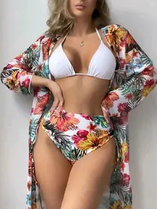 Women's Three-Piece Bikini Set, Sexy Slimming Print Swimsuit, UV Protection Beach Cover-Up, Elegant Tropical Style, All Seasons, Floral Bikini Bottom