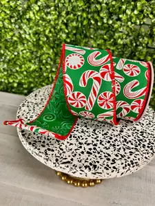2.5 Inch By 10 Yard Glitter Peppermint And Candy Cane Ribbon