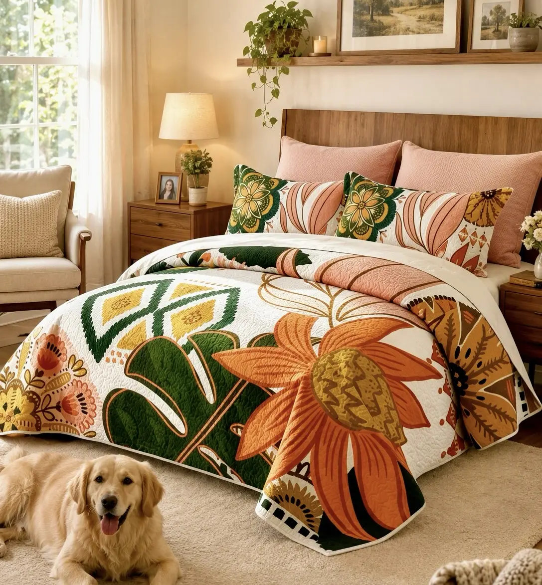 Boho-Floral Quilted Thin Quilt Set with 2 Pillow Shams - Farmhouse Mid-Century Leaf-Print Reversible Lightweight Coverlet, Upgraded Soft Skin-Friendly Fade-Resistant All-Season Breathable Bedding, Flat Weave, Romantic Home & Bedroom Decor, Back to School