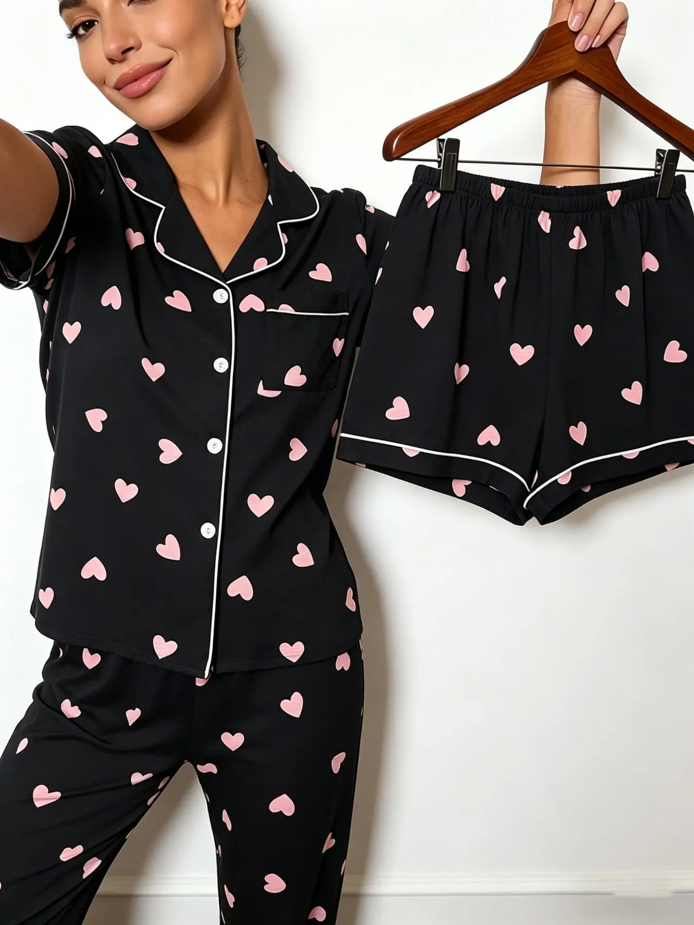 Women's Pajama Set Three-Piece Suite, Short Sleeve Contrast Binding, Slim-Fit All-Over Print, Casual Home Wear for All Seasons