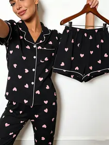 Women's Pajama Set Three-Piece Suite, Short Sleeve Contrast Binding, Slim-Fit All-Over Print, Casual Home Wear for All Seasons