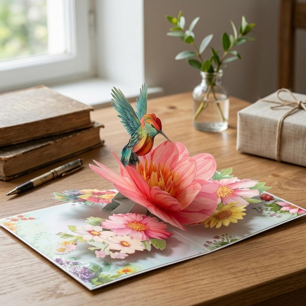 3D Pop Up Greeting Card, Handcrafted Hummingbird & Flower Popup Card for Birthday, Mother's Day, Anniversary, All Occasion Keepsake Card with Envelope