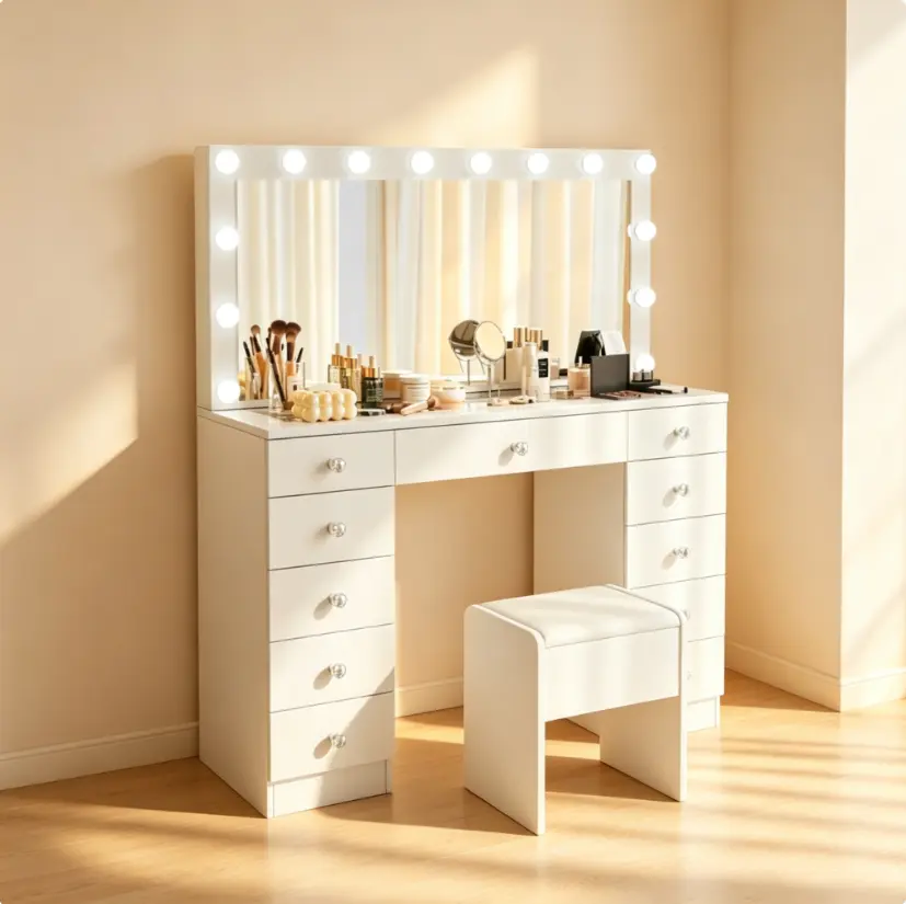 Vanity Desk with LED Lighted Mirror, Makeup Vanity Table with 5 Drawers & Cushioned Stool, 3‑Color Dimmable Lights, Modern Dressing Table Set for Women, Bedroom