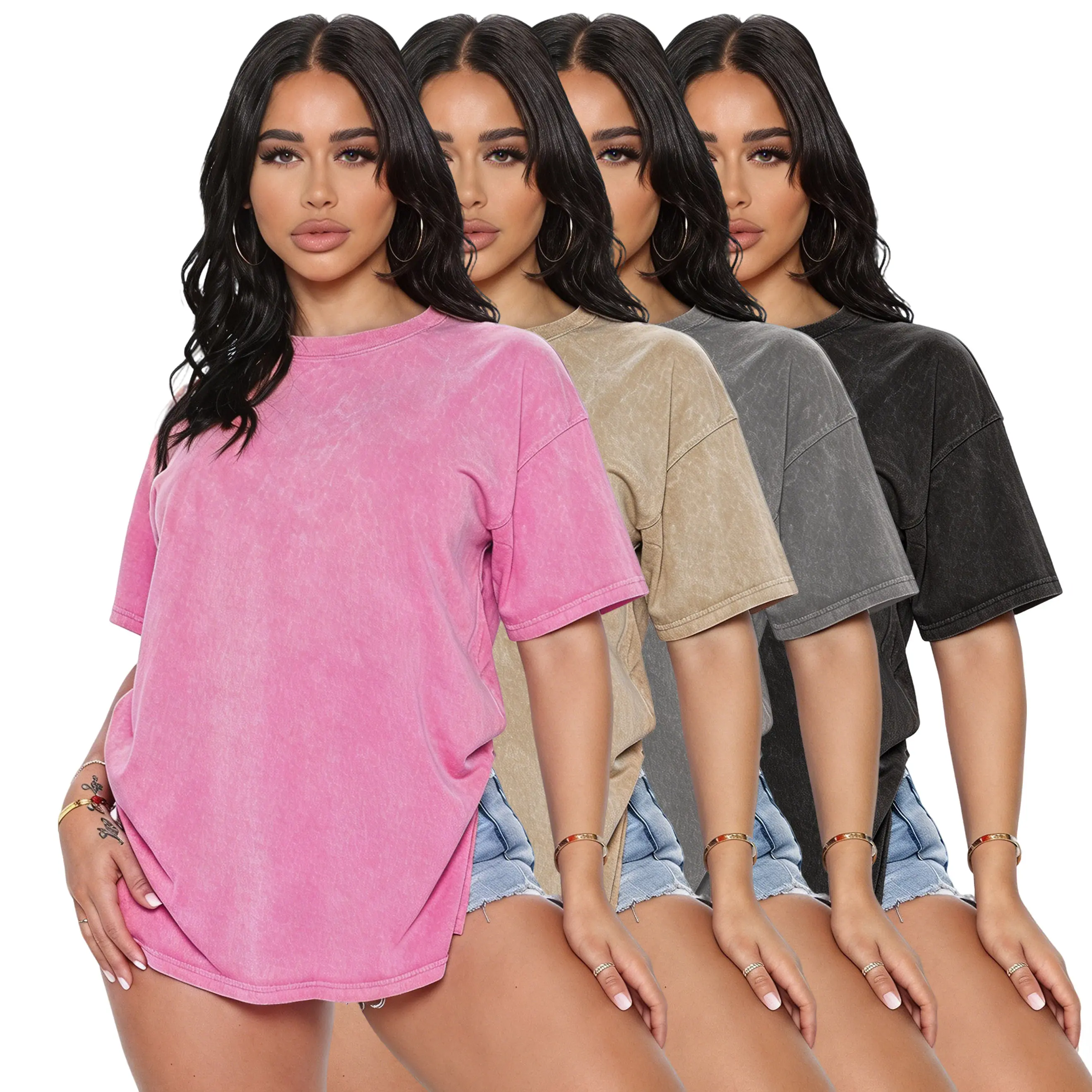 Women's 4-Pack Pure Cotton Crew Neck Short Sleeve Loose-Fit Plain Tops, Casual Machine-Washable Basic Tees with Distressed Wash