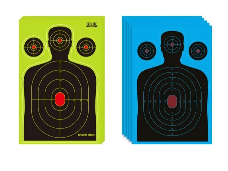 12x18 in Splatter Color Impact Shooting Target Paper, Human Silhouette Design, Green & Blue Options, Bright Hit Marks, for Range & Recreational Shooting Practice