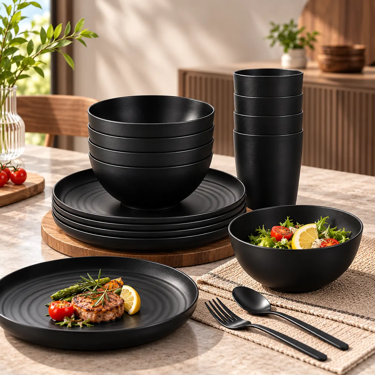 Black PP Polypropylene Dinnerware Set - Includes Plates Bowls and Utensils - Modern Tableware for Everyday Use