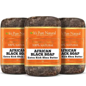 It's Pure Natural African Black Soap Bars with Extra Rich Shea Butter (Pack of 3) Organic Raw Soap for Face & Body Body