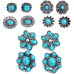 6pair Silver Turquoise Stud Earrings for Women Tiny Dainty Flowers Western Country Earrings Cute Boho Jewelry Gift