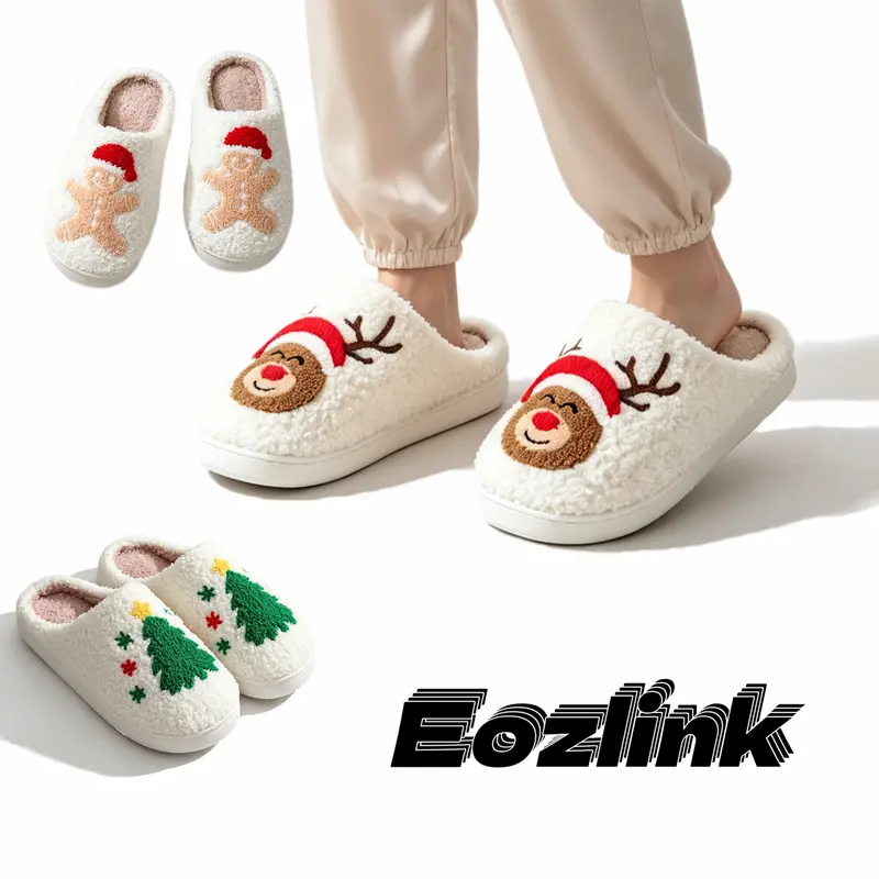 Eozlink Christmas Slippers for Women, Cute Fuzzy Slippers with Non-Slip Sole, Warm and Cozy for Indoor and Outdoor - Walking Shoes Slide Girl Shoe