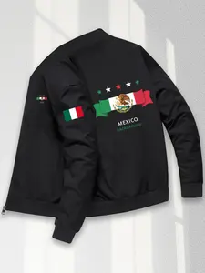 Men's Mexican Theme Pilot Jacket, Zipper Casual Outerwear, Polyester/elastic Blend, Back Printed Mexico Text Pattern