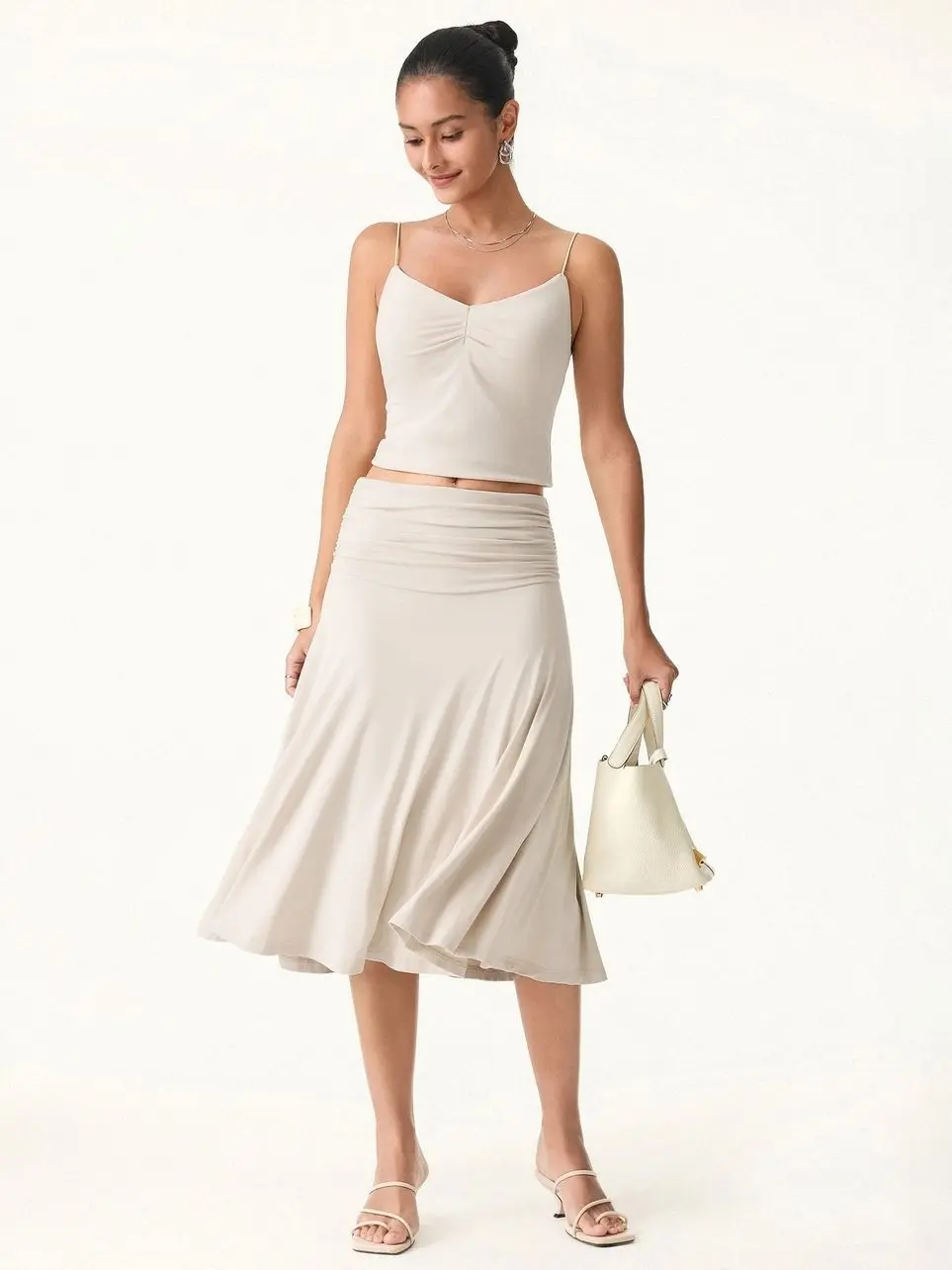Flowy Side Ruched A-line Midi Skirt - Fog