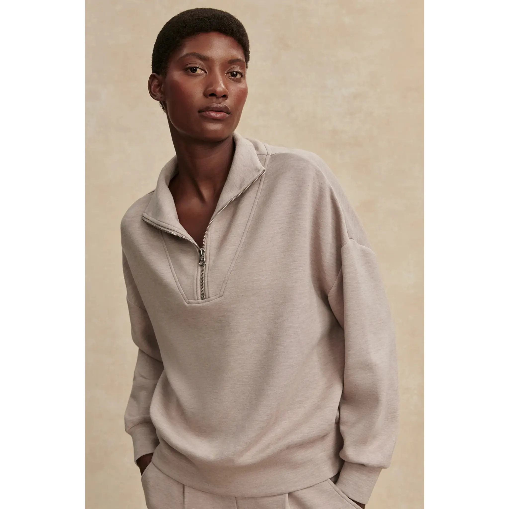 Varley: Hawley Half Zip Sweatshirt in Taupe Marl