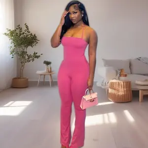 Women's Solid Color Backless Cami Flare Leg Jumpsuit, Casual Halter Neck? Sleeveless Bell Bottom Jumpsuit for Summer, Lady's Basic One-Piece Outfit, Womenswear