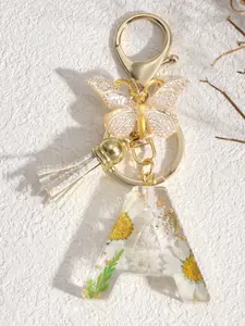 1pc Initial Letter Keychain Accessory, Trendy Cute Keychain, Dried Flower English Alphabet Keyring, Crystal Glue Dried Flower Petal Key Chain Car Bag Pendant
