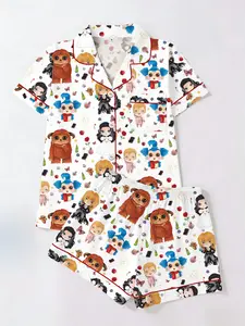 Spring Summer Women's Sleepwear Pajama Set, Vintage Doll Theme Printed, Open Front Cardigan, Short Sleeve Shorts, Casual Home Wear Loungewear, Pjs