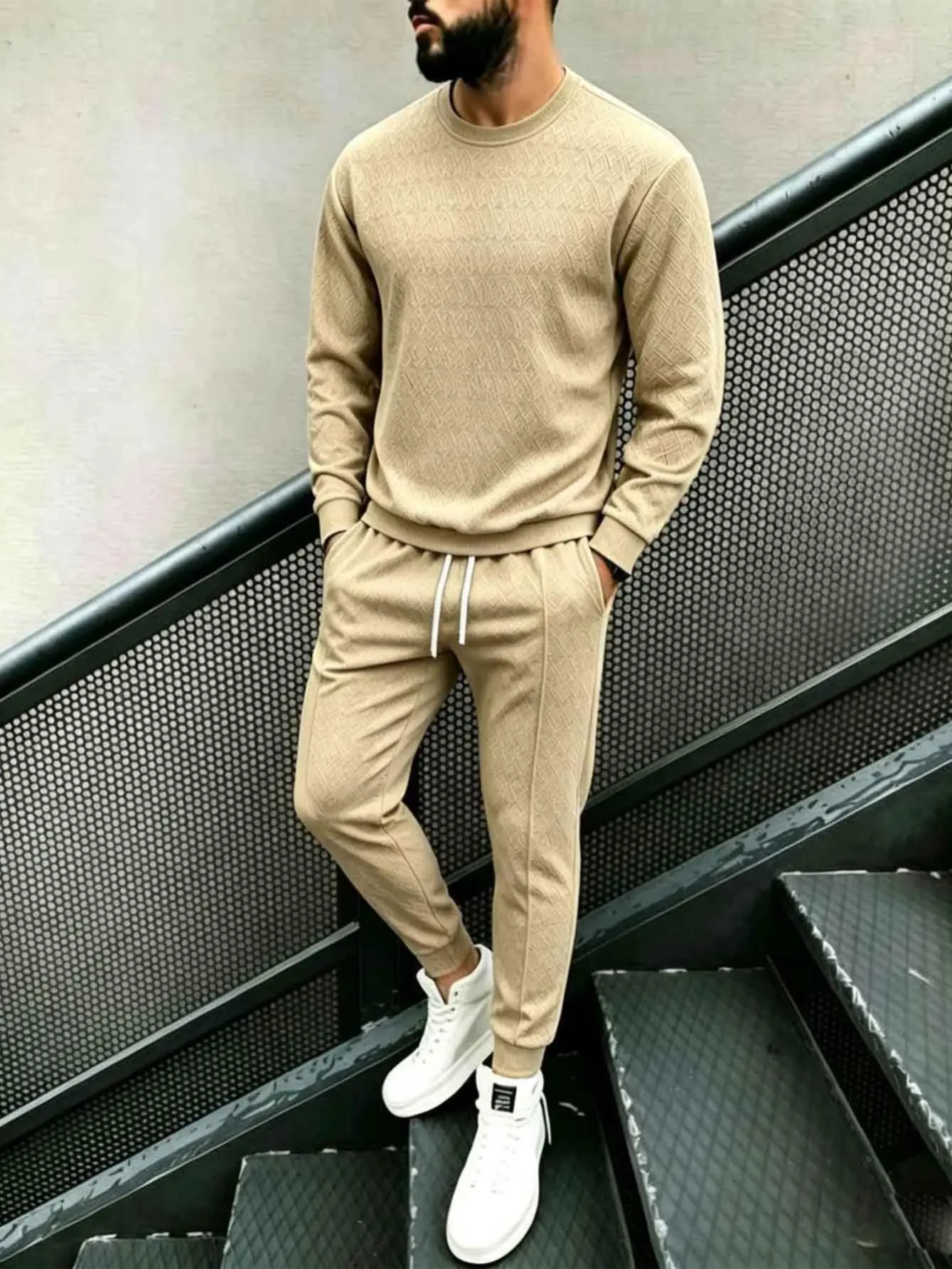 Men’s 2-Piece Diamond Grid Waffle Jacquard Tracksuit - Crew Neck Long Sleeve Sweatshirt & Elastic Drawstring Rib Cuff Tapered Jogger Pants, Lightweight Breathable Textured Knit Outfit for Gym Workout & Spring Fall Casual Wear