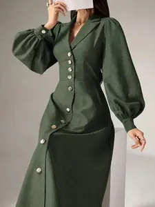 Women's Solid Color Woven Puff Sleeve Button Dress, Chic Elegant Casual Wear Midi Dress for Stylish, Perfect for Summer Occasions