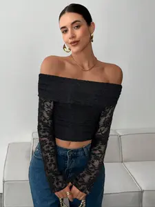One Shoulder Lace Top, Style, Chic, Off-Shoulder Design, Transparent Long Sleeve, Slimming High Elasticity, Partywear