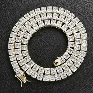 Luxury Princess Cut 4mm Tennis Chain Necklace Moissanite with Certificate White Gold Plated Choker Jewelry Elegant Wedding Party Gift for Women Men