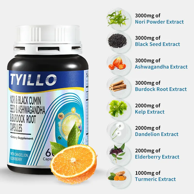 Tyillo Seaweed Black Seed Ashwagandha Burdock Root Capsules, Ashwagandha, Seaweed, Black Seed Extract, Complex Nutritional Supplement, Enhance Male Energy, Enhance Immunity, 60 Capsules Healthcare Fitness oil oregano Edible Dietary Vitamin