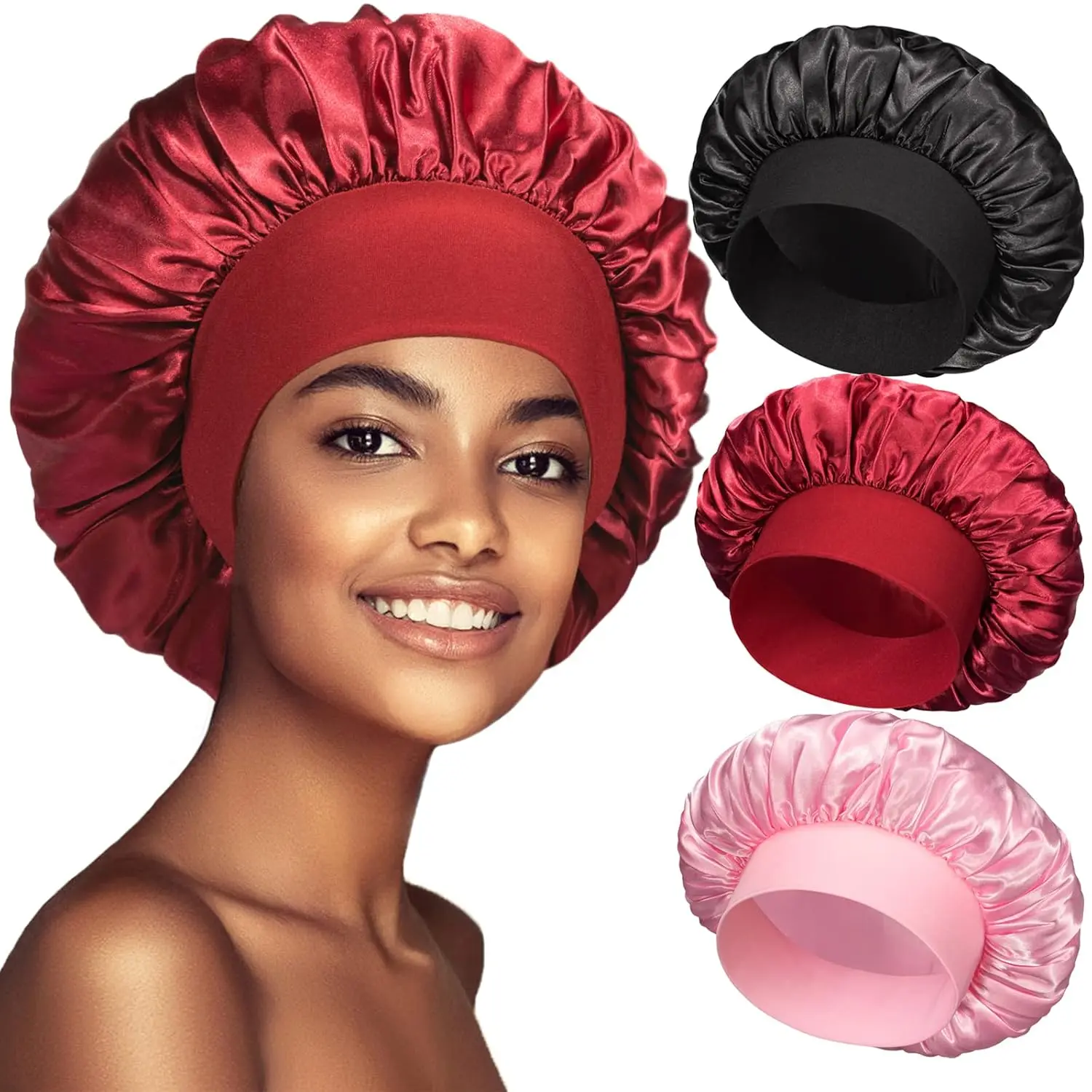 [Ship from USA] Satin Bonnet Silk Hair Bonnet for Sleeping, Sleep Bonnets for Women Large Wide Soft Band Sleep Cap for Curly Hair Braids