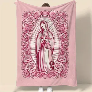 1 Piece Cozy Pink Virgin Mary Blanket-Super Soft Velvet with Floral Pattern, Perfect Gift for Mom, Grandma, Birthday and Valentine's Day, Perfect for Sofa, Bed, Travel and Living Room, multifunctional Blanket | Floral Blanket | Plush Texture,Meditation