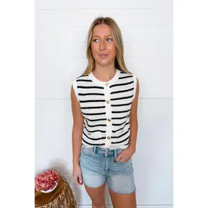 Dockside Striped Knit Button Vest - Navy/Ivory