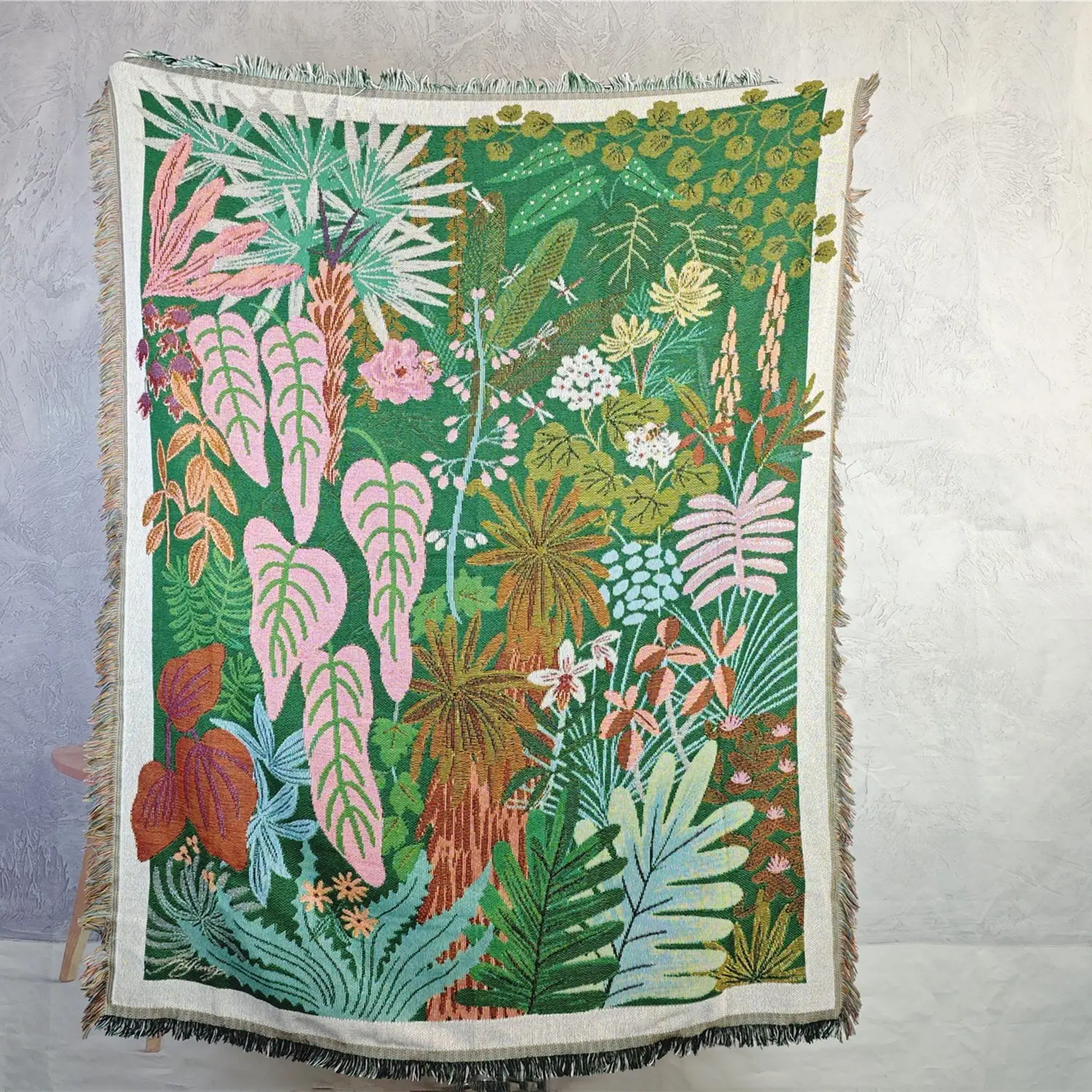 Tropical Rainforest Leaves Boho Style Yarn Jacquard Woven Blanket, Floral Throw Blanket, Decorative Blanket, with Tassel Chunky Soft Not Printed, Wear-resistant Washable Easy To Care, No Faded No Pilling, Used for Home Decor Outdoor Camping